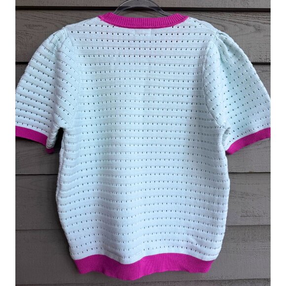 Fate Mint Green Pointelle Knit Short Sleeve Sweater Top with Pink Trim Large - Picture 2 of 10
